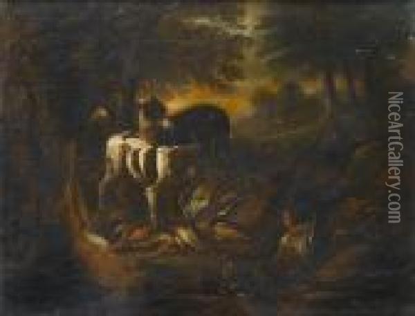 Spaniels Beside A Dead Heron, 
Finches And A Hare In A Landscape; And A Hound And A Spaniel With Dead 
Ducks, Finches And A Hare In A Landscape, A Huntsman Resting Nearby Oil Painting - Adriaen de Gryef