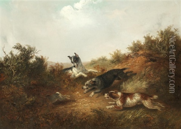 Three Dogs Chasing A Rabbit Down A Hole (+ Digging Out A Warren Path; Pair) Oil Painting - Thomas Smythe