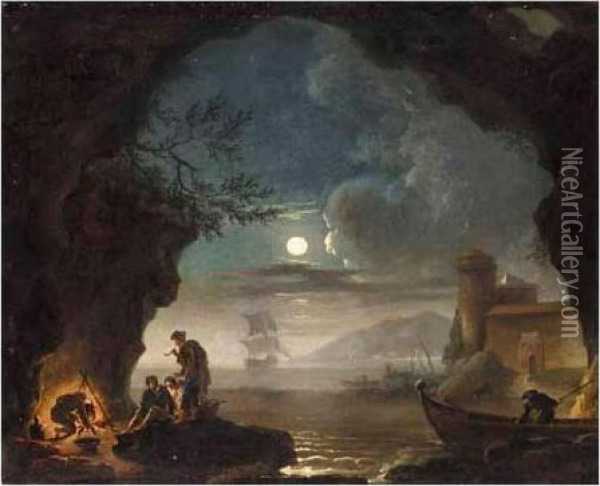A Moonlit Coastal Landscape With Figures Cooking Over A Fire In The Foreground Oil Painting - Claude-joseph Vernet