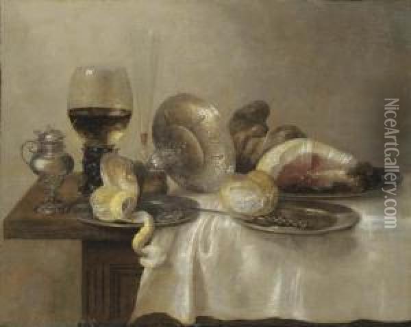 An Upturned Silver Tazza And A Partially Peeled Lemon Oil Painting - Willem Claesz. Heda