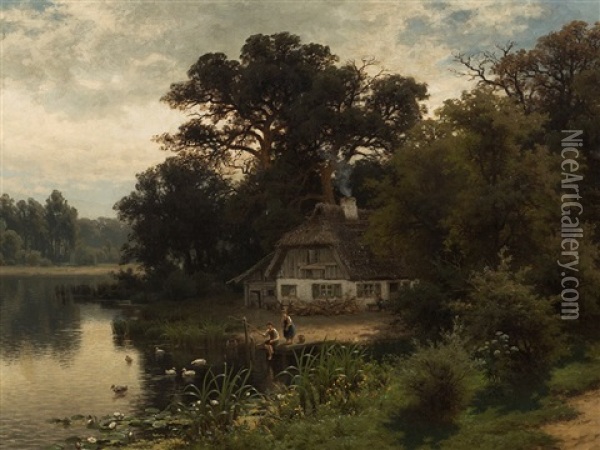 Cottage By The Lakeside Oil Painting - Julius Monien