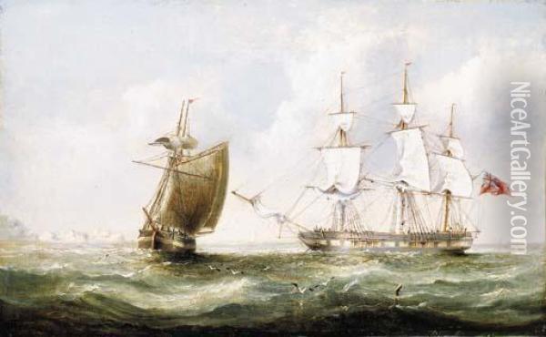 A British Frigate Hove-to Off The Needles Oil Painting - Henry Redmore