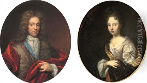 Portrait Of A Gentleman Wearing A Grey Jacket (+ Portrait Of A Lady Wearing A Grey Satin Dress With A Black Satin Shawl With Gold-coloured Lining; Pair) Oil Painting - Arnold Boonen