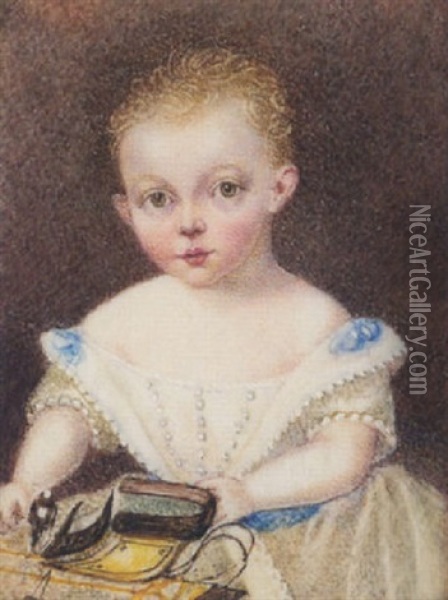 The Hon. Reginald Abbot As A Child, Wearing White Dress Trimmed With Blue Ribbons And Pearls, He Holds A Toy Carriage Oil Painting - Elizabeth Susan, the Hon. Law