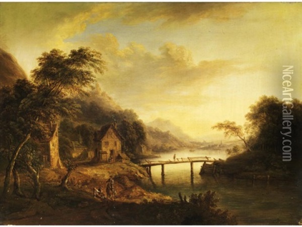 Landschaft Mit Flusslauf, Hausern Und Einer Holzbrucke Oil Painting - Franz de Paula Ferg