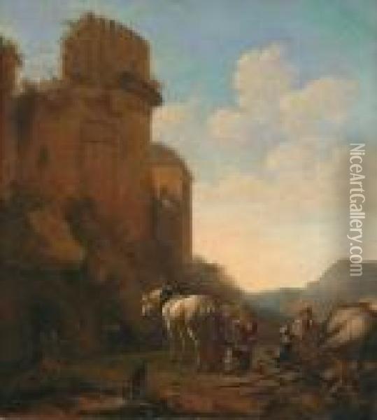 Paesaggio Con Rovine Con Un Maniscalco Che Ferra Il Suo Cavallo Oil Painting - Hendrick Verschuring