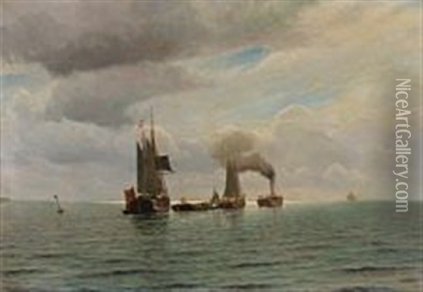 Seascape With A Tugboat And Sailing Ships Oil Painting - Holger Luebbers