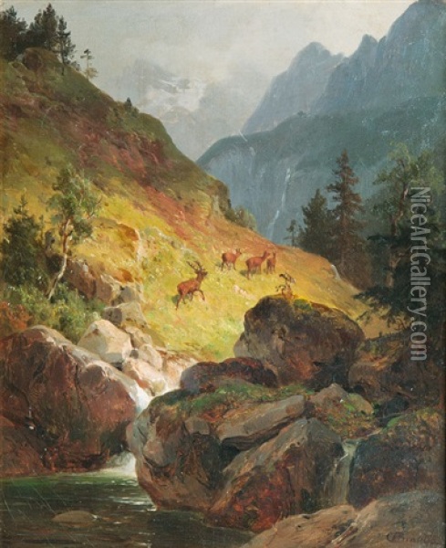 Paar Gegenstucke: Bar Und Rotwild In Den Tiroler Alpen Oil Painting - Hans Heinrich Juergen Brandes