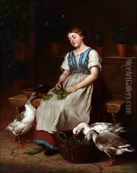 A Girl Resting Oil Painting - Johann Julius Exner