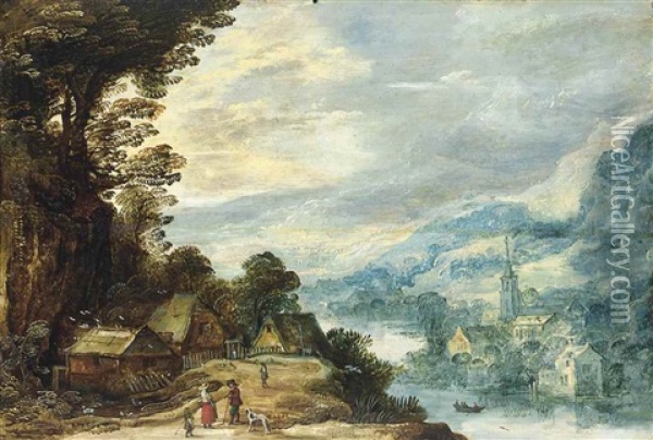An Extensive River Landscape With Figures Conversing Amongst Cottages Oil Painting - Joos de Momper the Younger