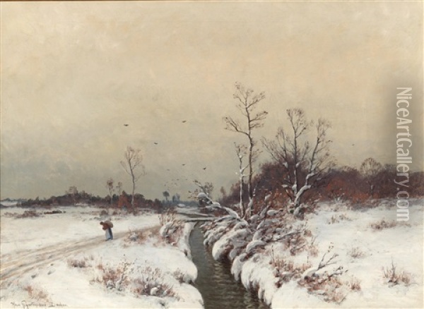 Landscape With Stream In Winter Oil Painting - Heinrich Gogarten