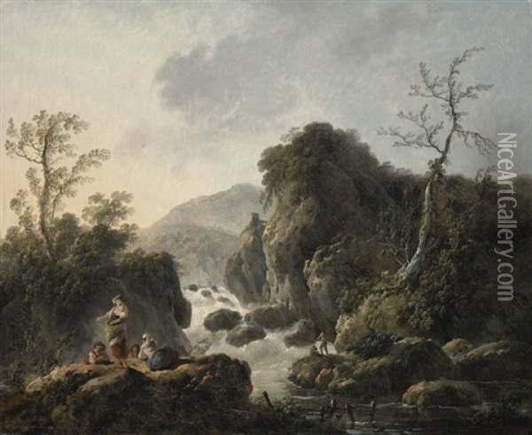 A Mountainous River Landscape With Figures Fishing Below A Cascade Oil Painting - Jean Baptiste Pillement
