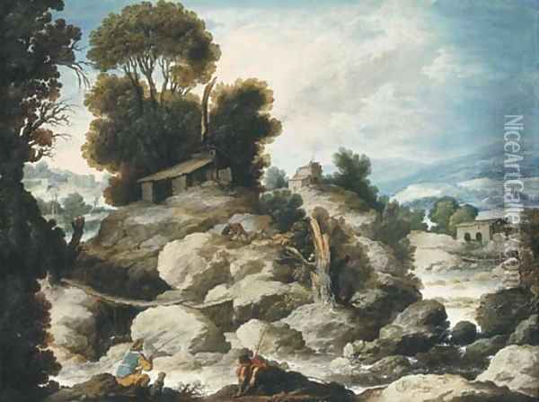 A rocky river landscape with fishermen and shepherds resting with their flock Oil Painting - Francisco Collantes