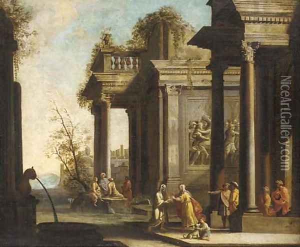 A capriccio of architectural ruins with classical figures Oil Painting - Giovanni Ghisolfi