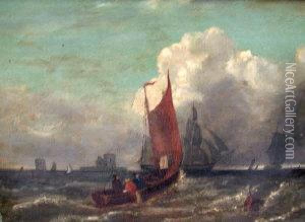 19th Century- Shipping By A Fortified Island Oil Painting - Barlow Moore