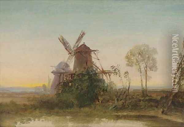 Windmills at sunset Oil Painting - Edward H. Niemann