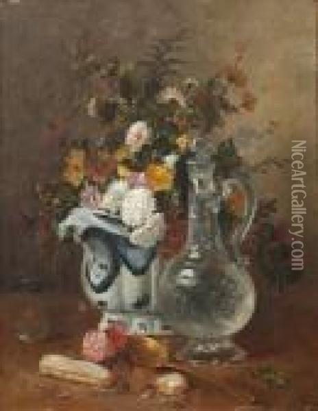 Still Life Of Flowers, Glass Decanter And Spoon Oil Painting - Eugene Henri Cauchois