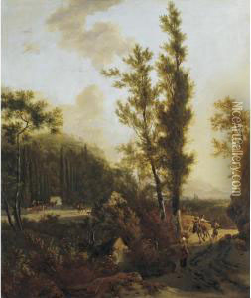 Sold By The J. Paul Getty Museum To Benefit Future Painting Acquisitions
 

 
 
 

 
 An Italianate Landscape With Peasants On A Road In The Foreground, Mounted Figures Entering The Forecourt To A Vil Oil Painting - Adrian Van De Velde