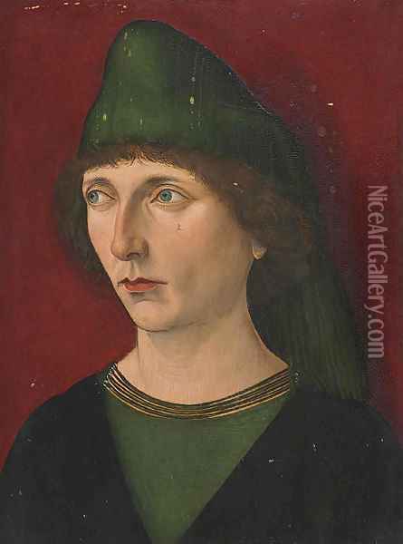 Portrait of a man, bust-length, in a green and black shirt and green cap Oil Painting - French School