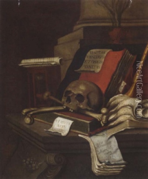 A Vanitas Still Life With Books, An Hour Glass, A Recorder, A Lute, A Musical Score And A Skull And Cross Bones Oil Painting - Edward Collier
