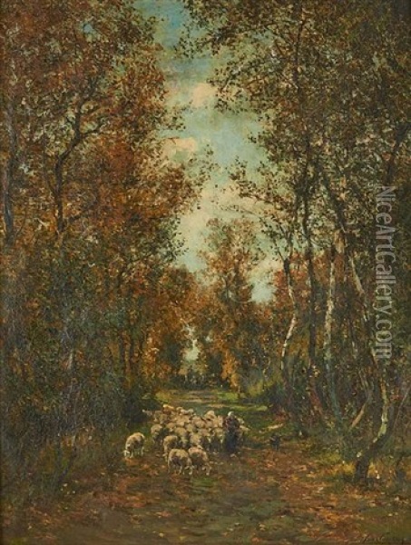 Troupeau De Moutons Avec Bergere Dans Une Allee En Foret Oil Painting - Franz Courtens