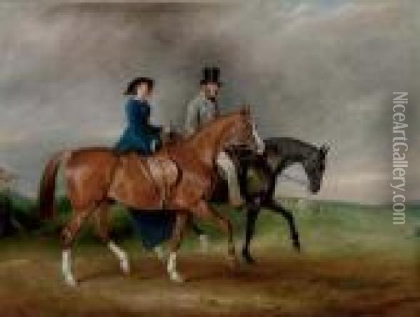 Thomas Tertius Paget And His 
Wife, Geraldine Mccausland, Riding On Satan And Jessica In Bradgate 
Park, Leicestershire Oil Painting - John Snr Ferneley