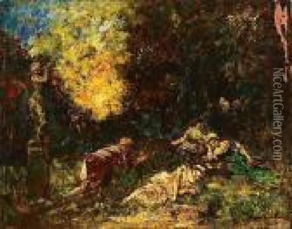 La Cueillette Des Violettes Oil Painting - Adolphe Joseph Th. Monticelli