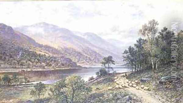 Thirlmere Shepherd with Sheep by a Lake Oil Painting - Alfred I Glendening
