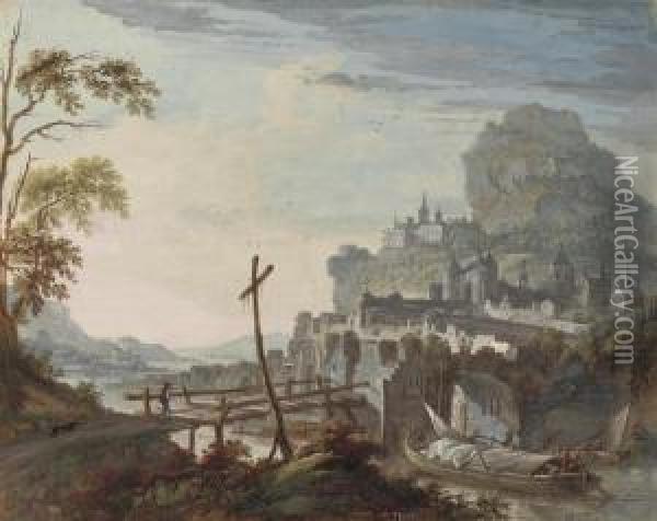 A Rocky River Landscape With Fortified Towns Oil Painting - Willem Troost