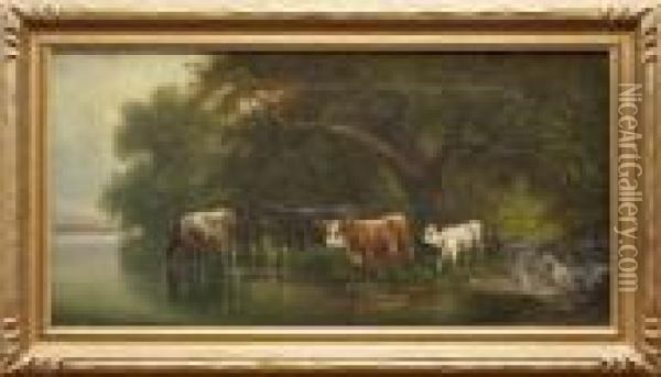 Landscape With Cows By A River Oil Painting - William Keith