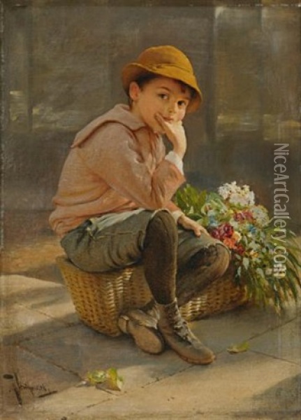 Guarding The Flower Basket Oil Painting - Karl Witkowski