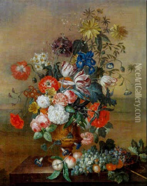 Nature Morte Au Vase De Fleurs Et Fruits Sur Un Entablement Oil Painting - Jacob van Huysum