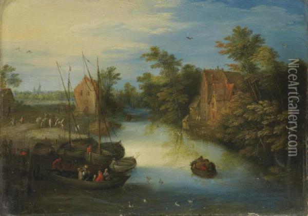 Villageois Chargeant Leurs Barques Au Bord D'un Ruisseau Oil Painting - Jan Brueghel the Younger