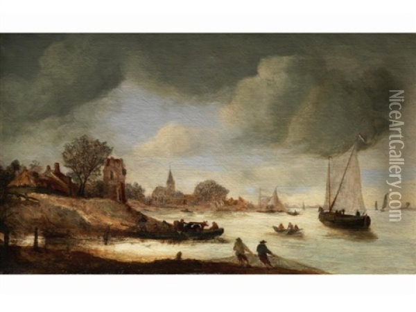 Uferlandschaft Mit Gebauden Und Schiffen In Der Bucht Sowie Figurenstaffage Oil Painting - Jan Dirksz. Both