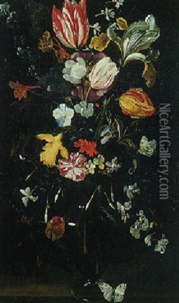 Bouquet De Tulipes, Iris Et Oeillets Dans Un Vase En Verre Sur Un Entablement Avec Un Papillon Oil Painting - Daniel Seghers