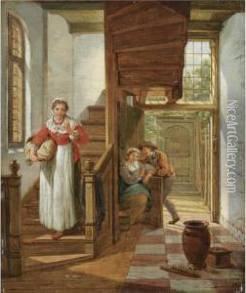 An Interior Scene With A Maid 
Eavesdropping On The Stairs On Anamorous Couple, A View Of A Courtyard 
Beyond Oil Painting - Abraham van, I Strij