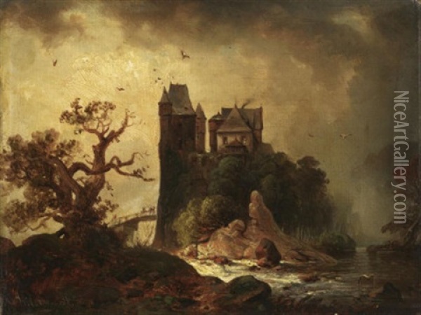 Romantische Fluslandschaft. Auf Einem Steilen Felsen, Inmitten Des Flusbettes, Eine Feste Burg Oil Painting - Carl Hilgers