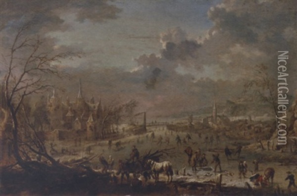 A Winter Landscape With Villagers Skating On A Frozen River And Wood Gatherers With A Horse And Wagon In The Foreground, A Castle Beyond Oil Painting - Jan Peter van Bredael the Elder