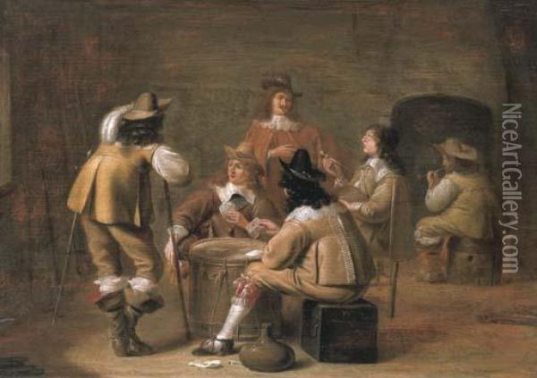 Militiamen Smoking And Playing Cards In An Interior Oil Painting - Jan Olis