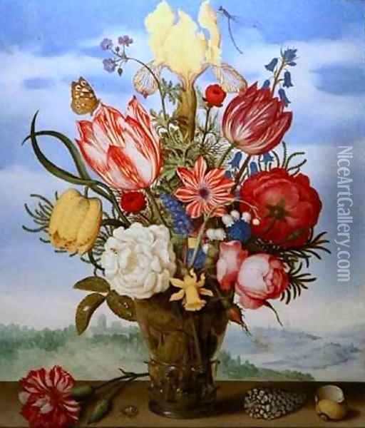 Bouquet of Flowers on a Ledge Oil Painting - Ambrosius the Elder Bosschaert