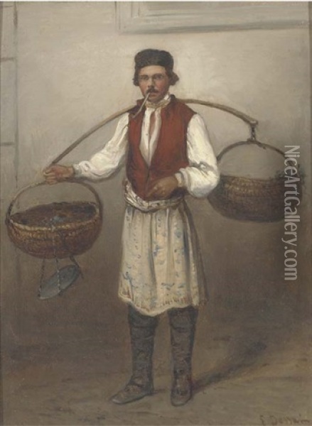 A French Street Seller (+ Another Similar; Pair) Oil Painting - Emile Francois Dessain