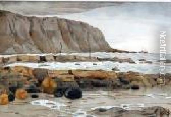 Coastal Landscape At Low Tide With Rocky Foreshore And Distant Boat Oil Painting - Albert Wainwright