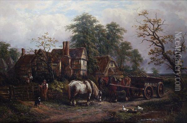 Horses And Figuresbefore A Farmhouse Oil Painting - Thomas James Judkin