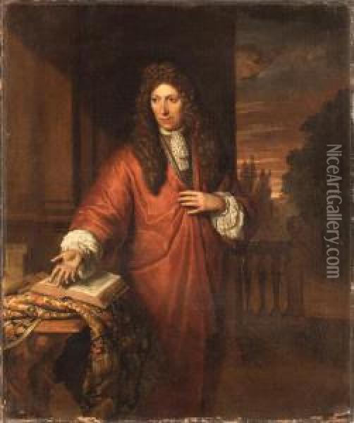 Portrait Of A Gentleman, Small 
Three-quarter Length, In A Red Robe,beside A Draped Table With A Book, A
 Landscape Beyond Oil Painting - Thomas van der Wilt