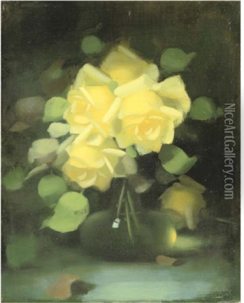 Yellow Roses In A Flask Bottle Oil Painting - Stuart James Park