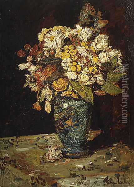 Flowers in a Blue Vase Oil Painting - Adolphe Joseph Thomas Monticelli