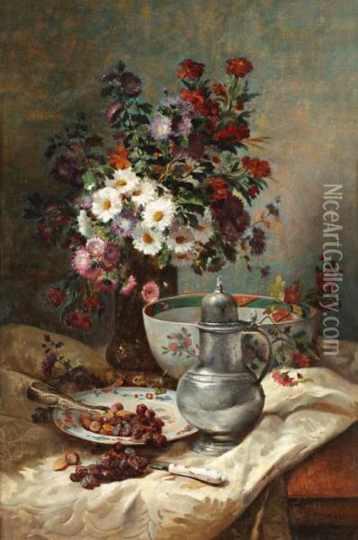 Bouquet De Fleurs, Pichet En Etain Et Noisettes Sur Unentablement Oil Painting - Eugene Henri Cauchois