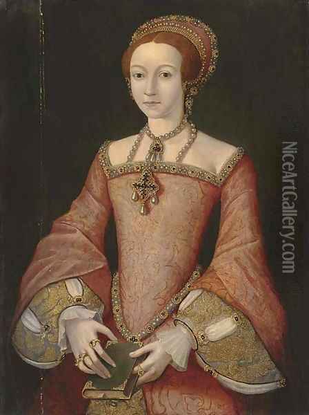 Portrait of Elizabeth when a princess, three-quarter-length, in a red jewelled dress, the bible in her hands Oil Painting - Hans Holbein the Younger