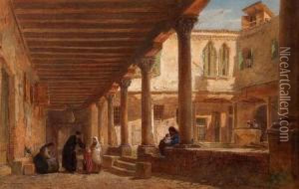 Moorish Courtyard Scene With Numerous Figures Oil Painting - Edward Alfred Angelo Goodall