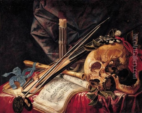 A Vanitas Still Life With A Viol, A Clarinet, A Skull, Sheet Music And A Candle Oil Painting - Simon Renard De Saint-Andre